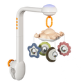 A Bluetooth-enabled smart crib mobile featuring celestial designs like stars and moons, with a smartphone showing connected settings. The mobile is equipped with buttons, a sturdy attachment clamp, and a calming night light.