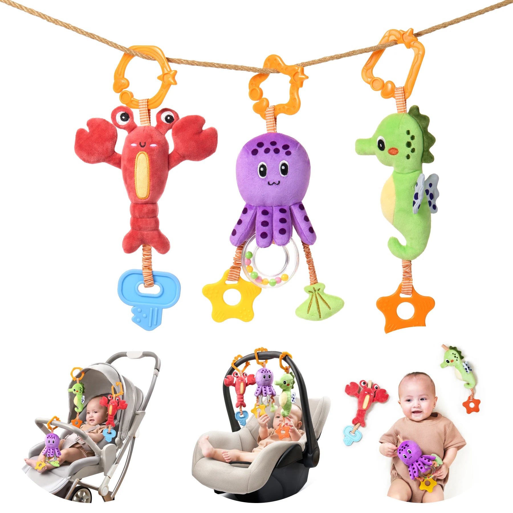 Juguete para bebé, juguete de peluche colgante para cuna, cochecito, asiento de coche, sonajero suave para bebé, mordedor, caballito de mar, pulpo, langosta, juego de juguetes para recién nacido a partir de 0 meses