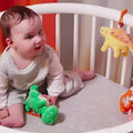 Little-boy-playing-with-hanging-Stuffed-dinosaur-toy