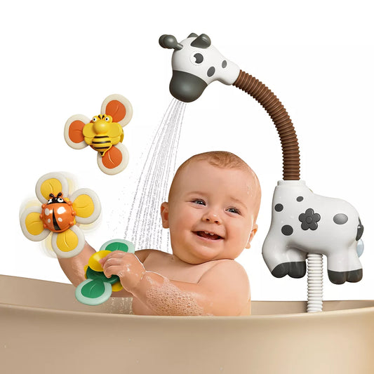 Cabezal de ducha de juguete para baño de bebé con juguetes giratorios, juguetes de cuerda, bomba de agua de bañera de cebra para niños pequeños de 18 meses o más